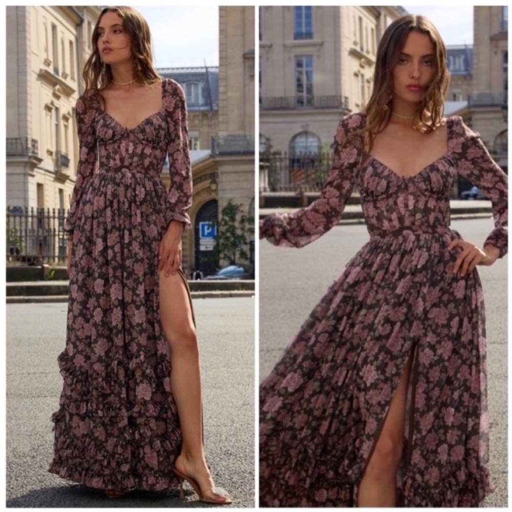 Nwt V. Chapman Carmella Corset Maxi Dress Chocolate Peony Floral